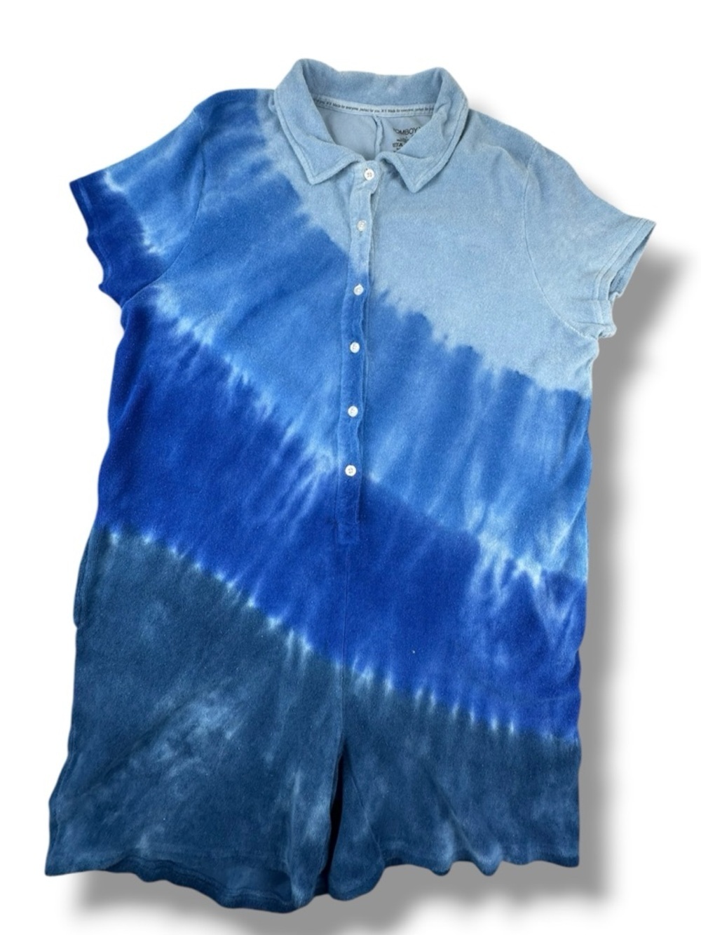 TomboyX Tie Dye Romper L Blue Cotton Blend Button Front Gender Inclusive